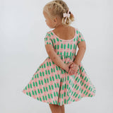 Short Sleeve Twirl Dress in Pink Tulips