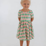 Short Sleeve Twirl Dress in Pink Tulips