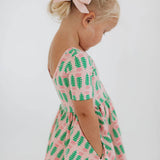 Short Sleeve Twirl Dress in Pink Tulips