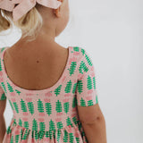 Short Sleeve Twirl Dress in Pink Tulips